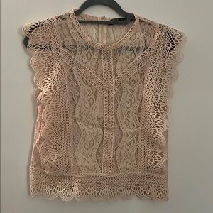 Zara Tan Lace Blouse with Bib Collar No Returns Final Sale